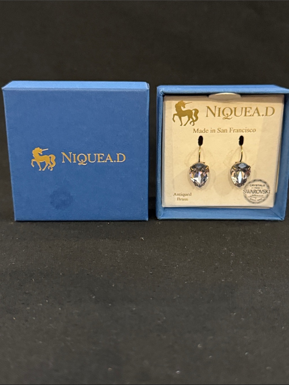 NIB Niquead Crystal Drop Earrings in Light Blue-ish grey
